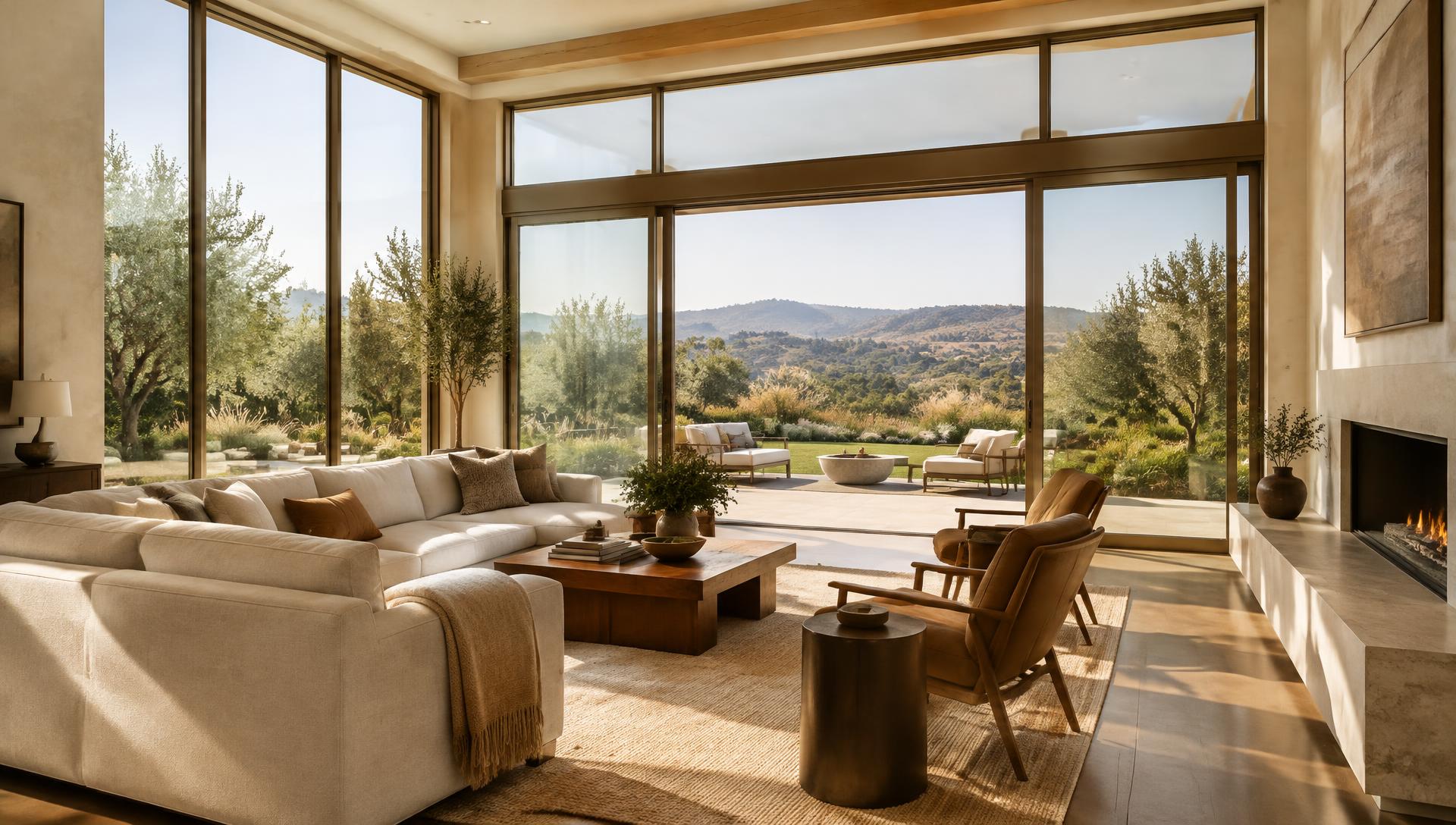 Sunlit living room with tall windows and open sliding glass doors